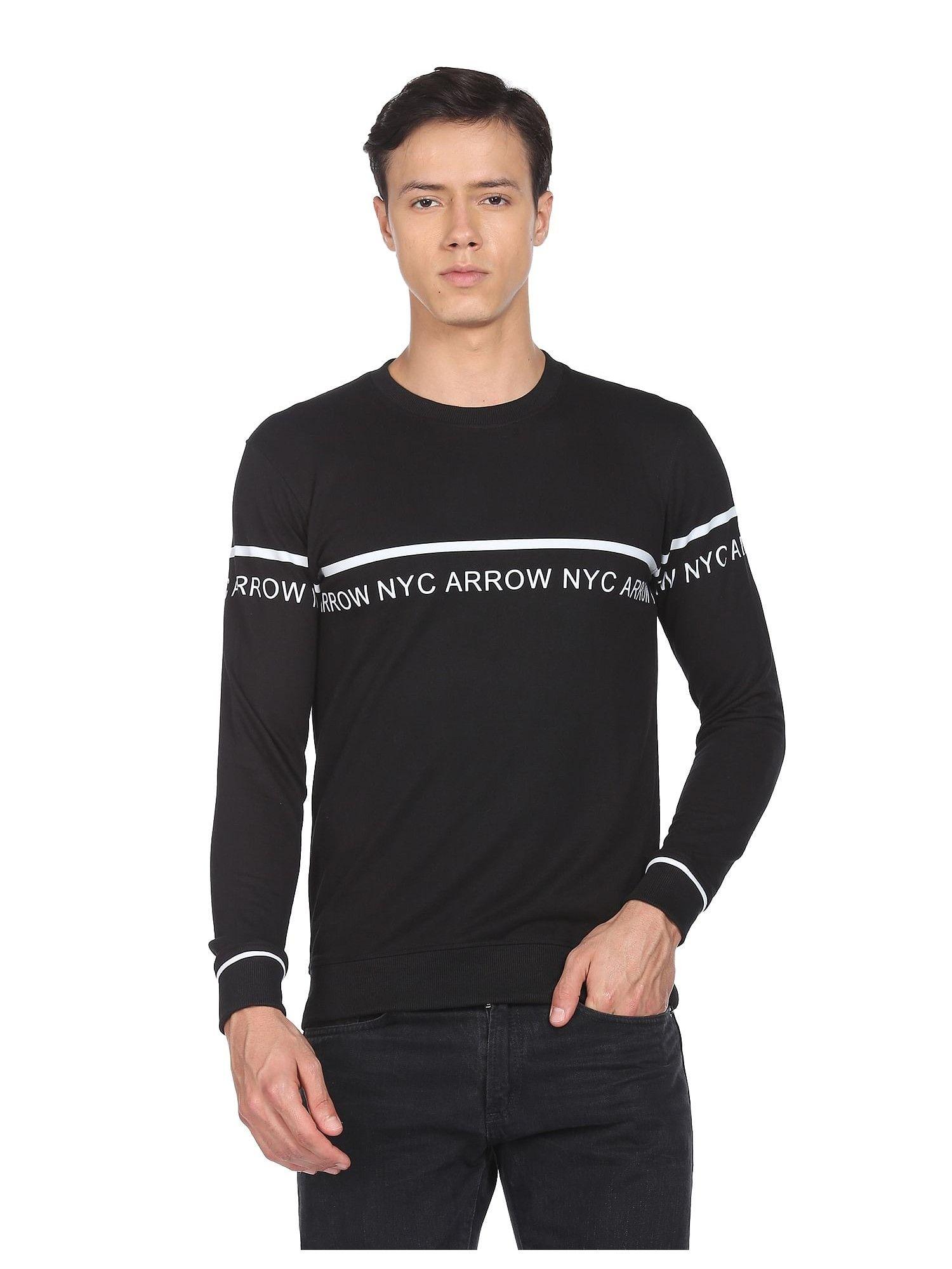 sports men black crew neck brand print sweatshirt