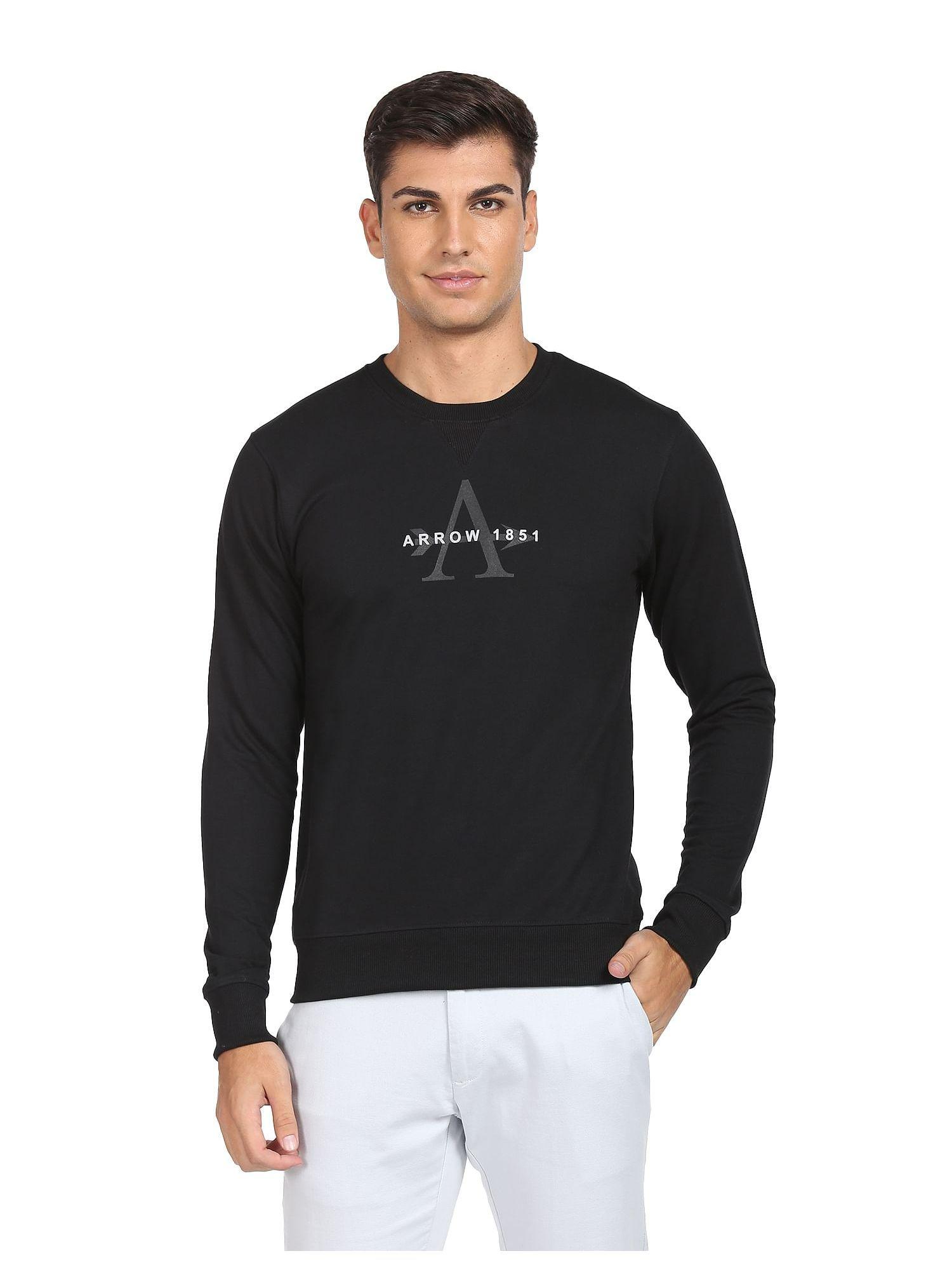 sports men black crew neck brand print sweatshirt