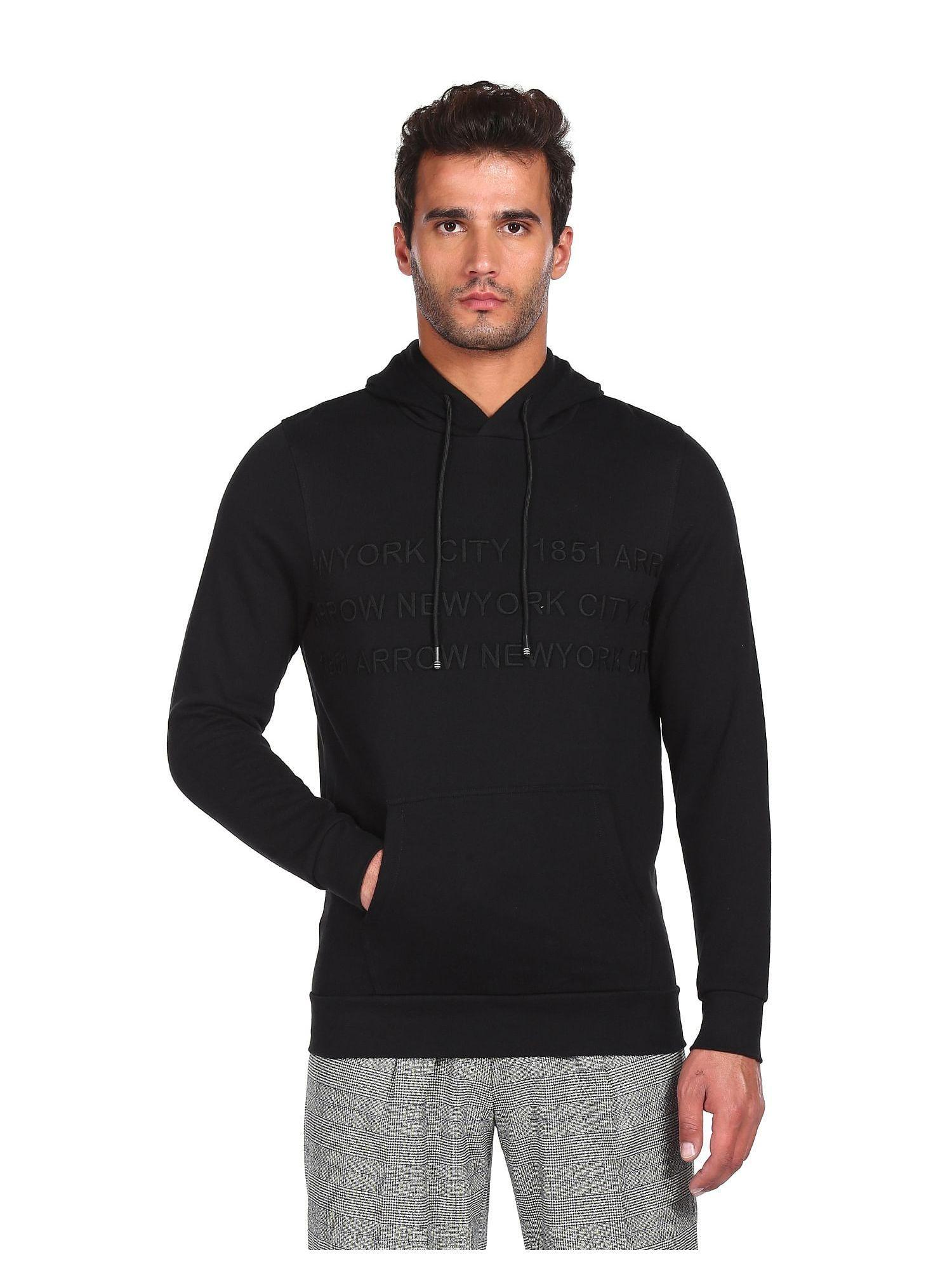 sports men black long sleeve embroidered logo hooded sweatshirt