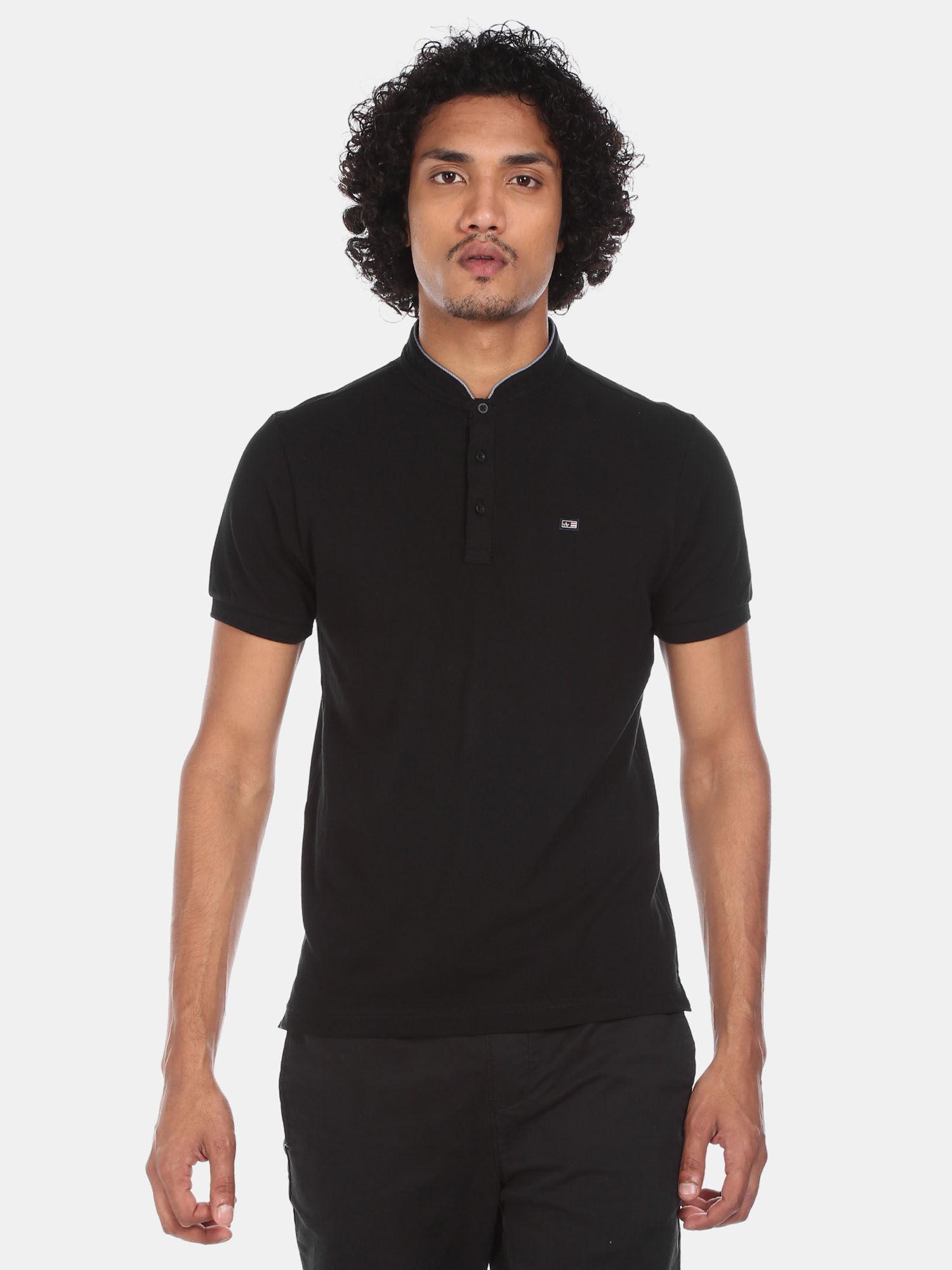 sports men black stand collar solid polo t-shirt