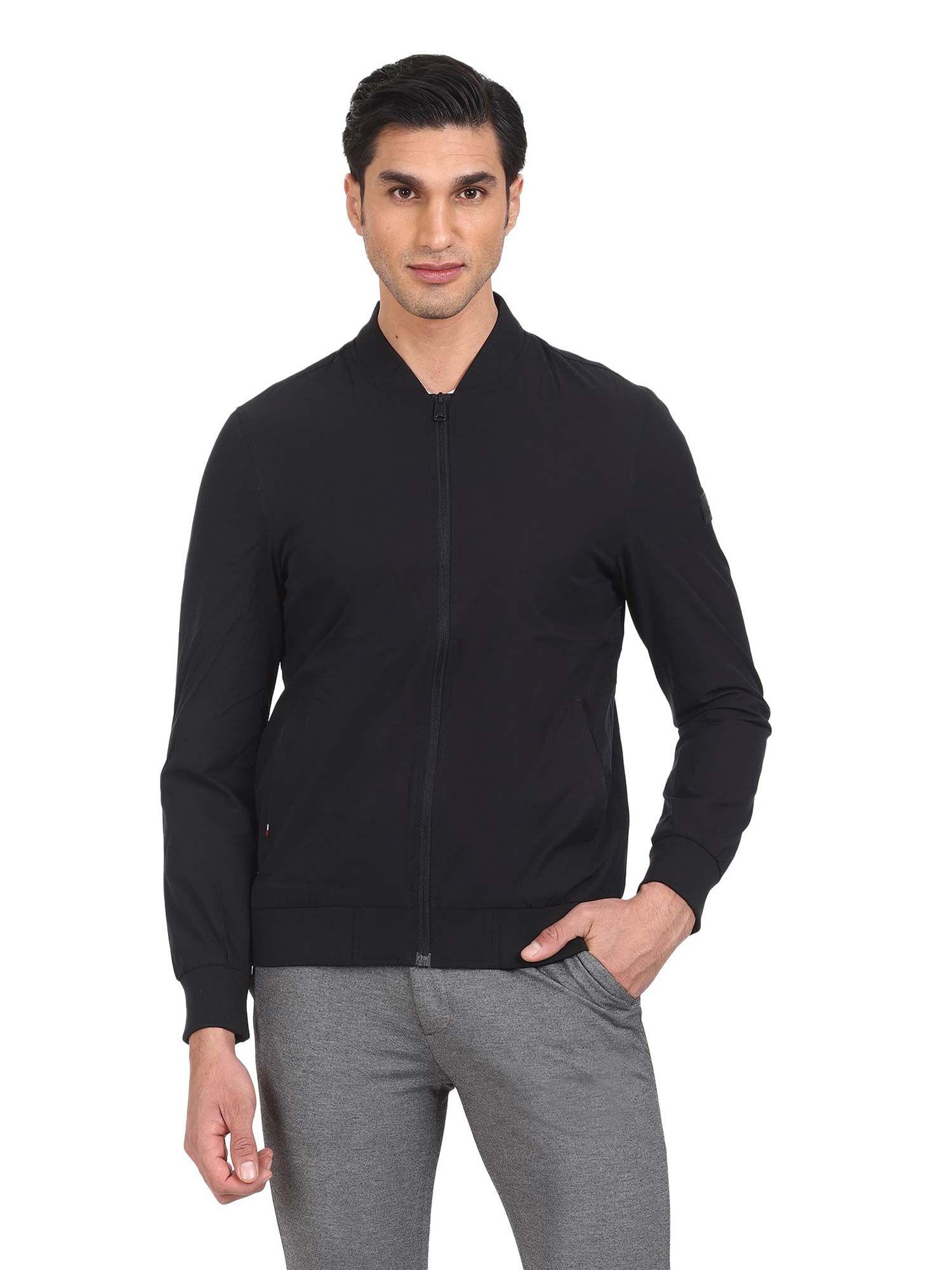 sports men black stand neck solid jackets