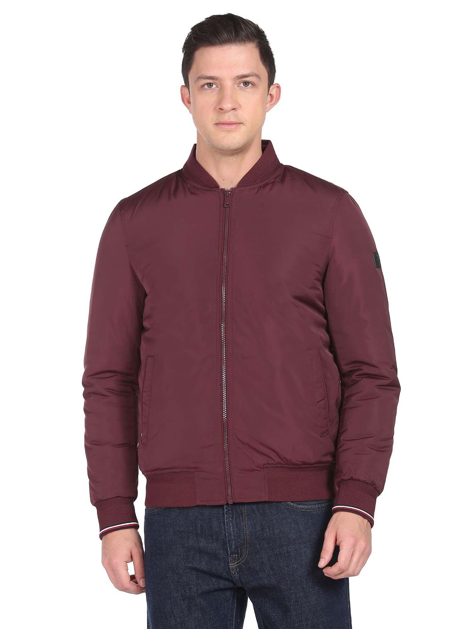 sports men burgundy stand neck solid bomber jackets