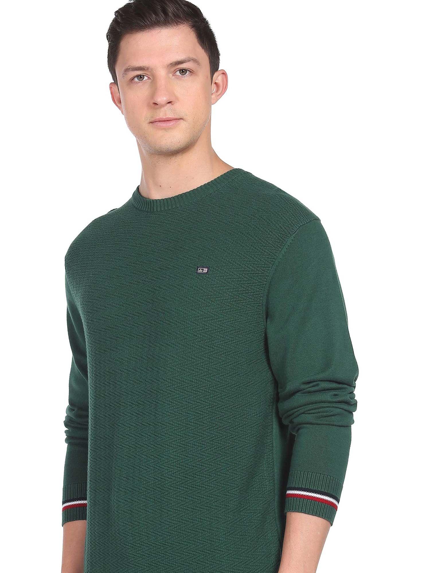 sports men dark green round neck solid sweater