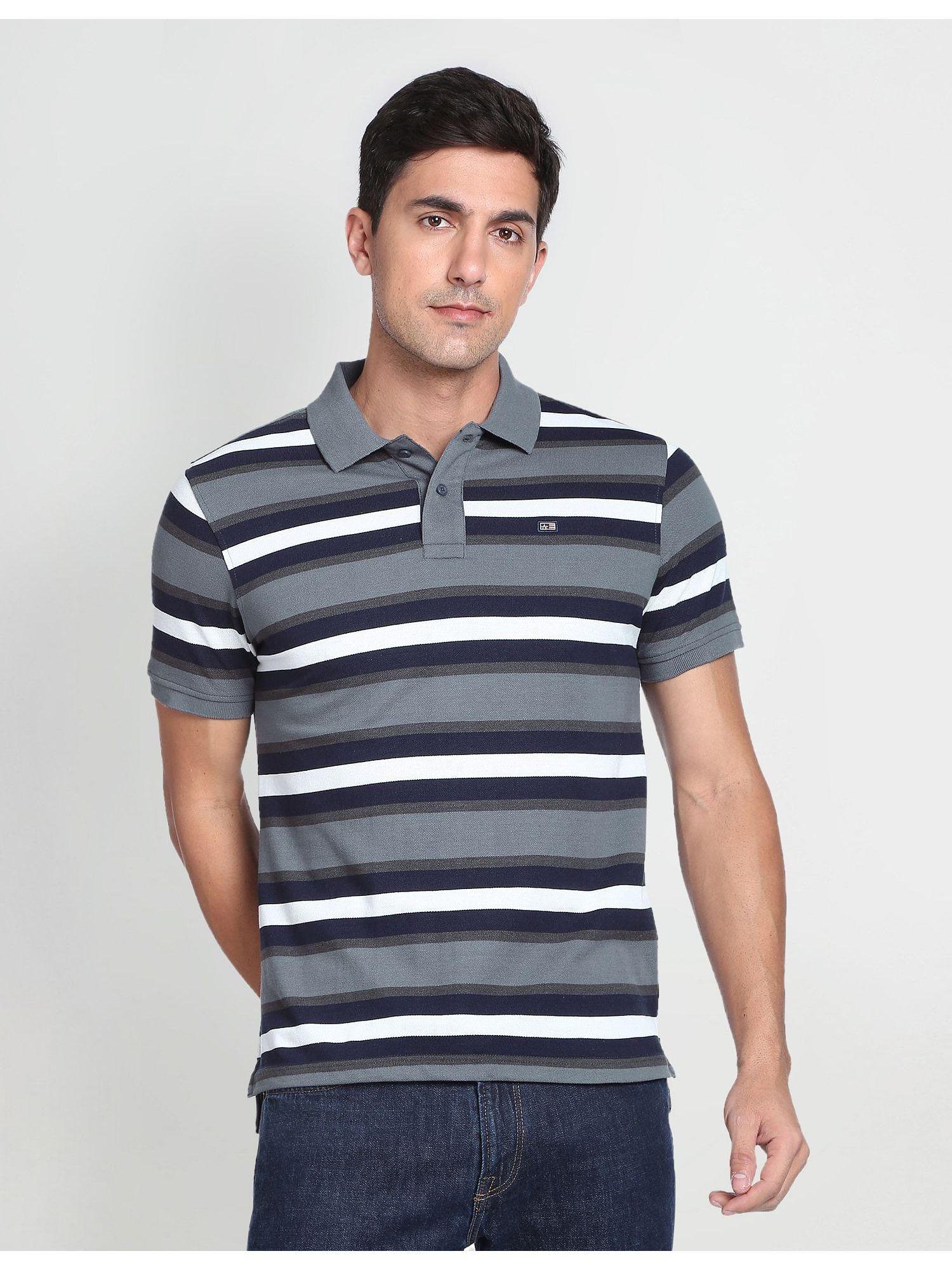 sports men dark grey horizontal stripe polo t-shirt