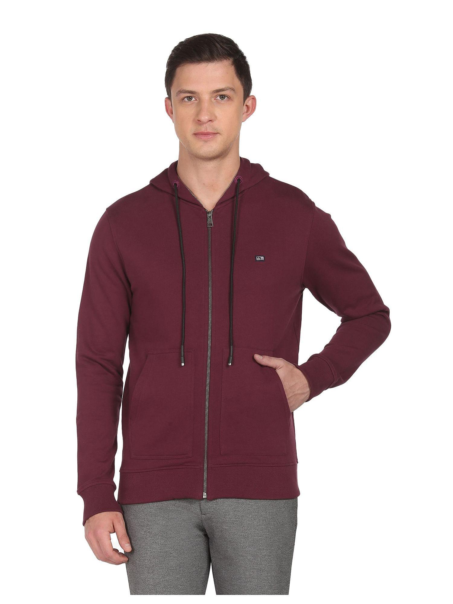 sports men maroon hooded full zip up solid sweatshirt