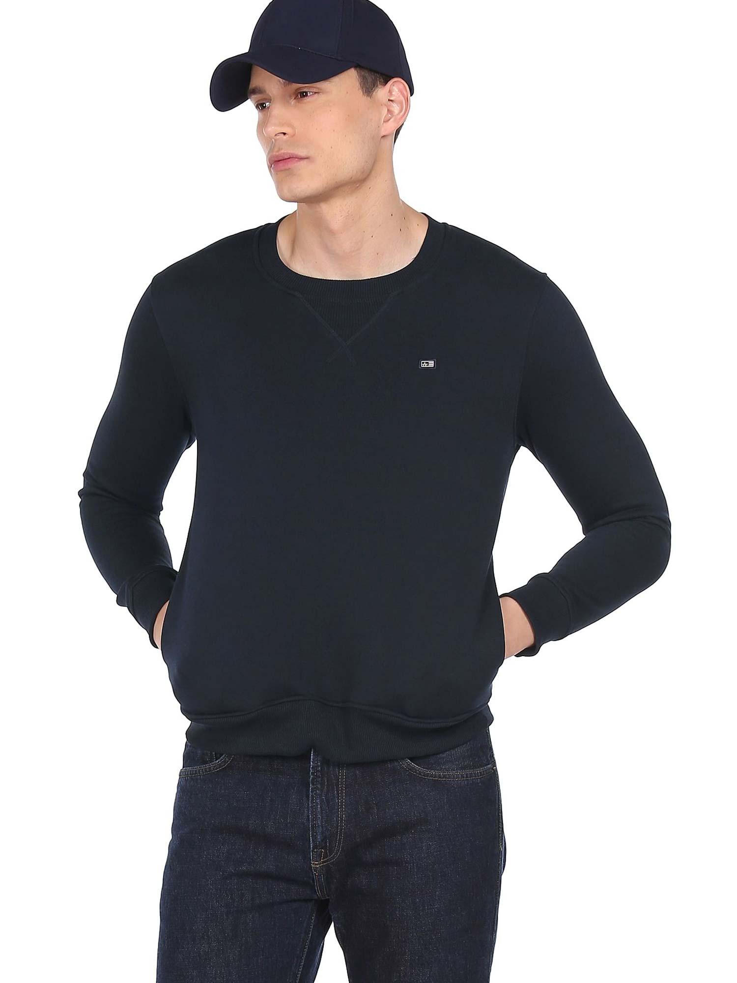 sports men navy blue solid crew neck sweatshirt