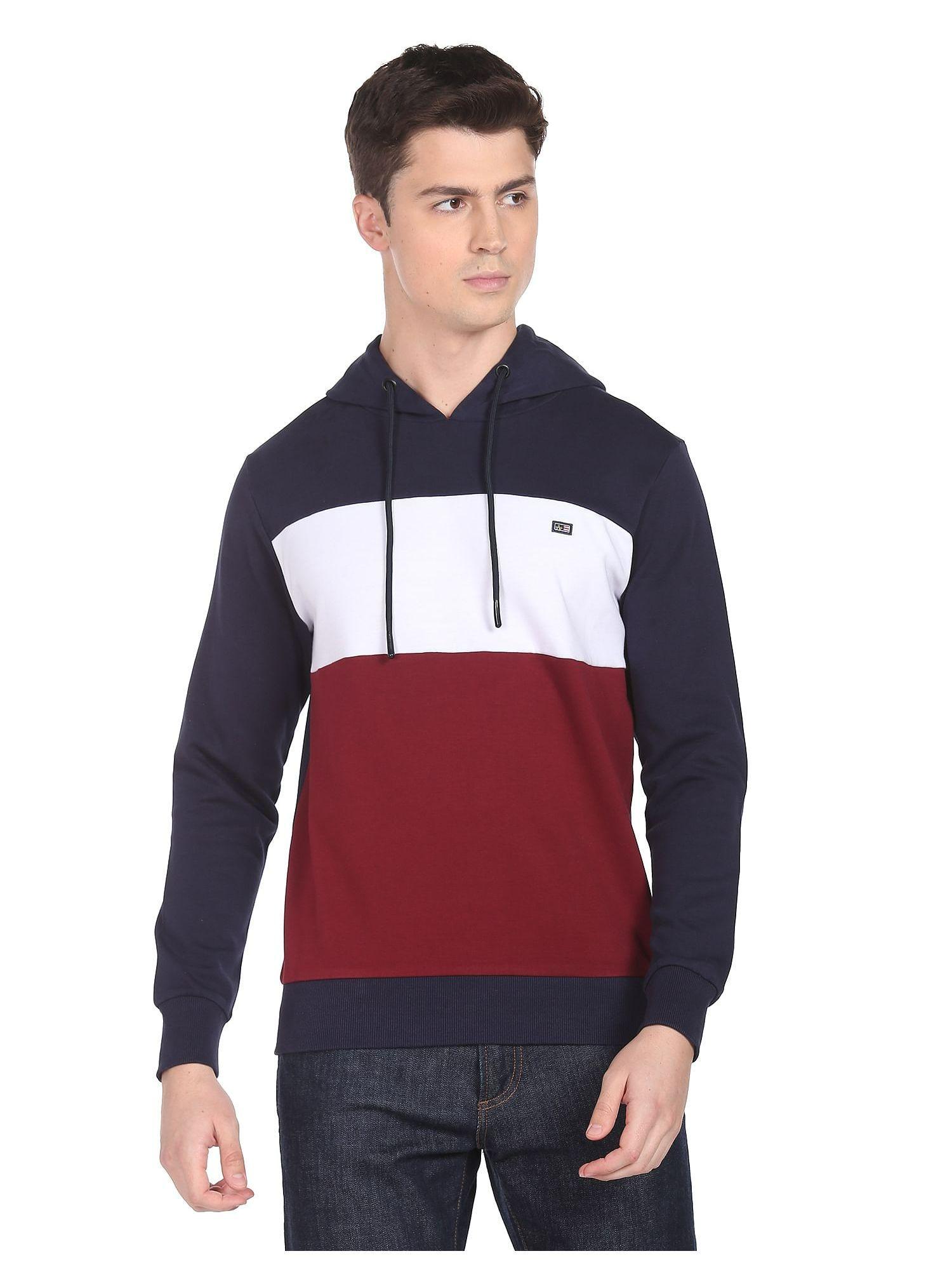 sports men navy colour block hooded sweatshirt