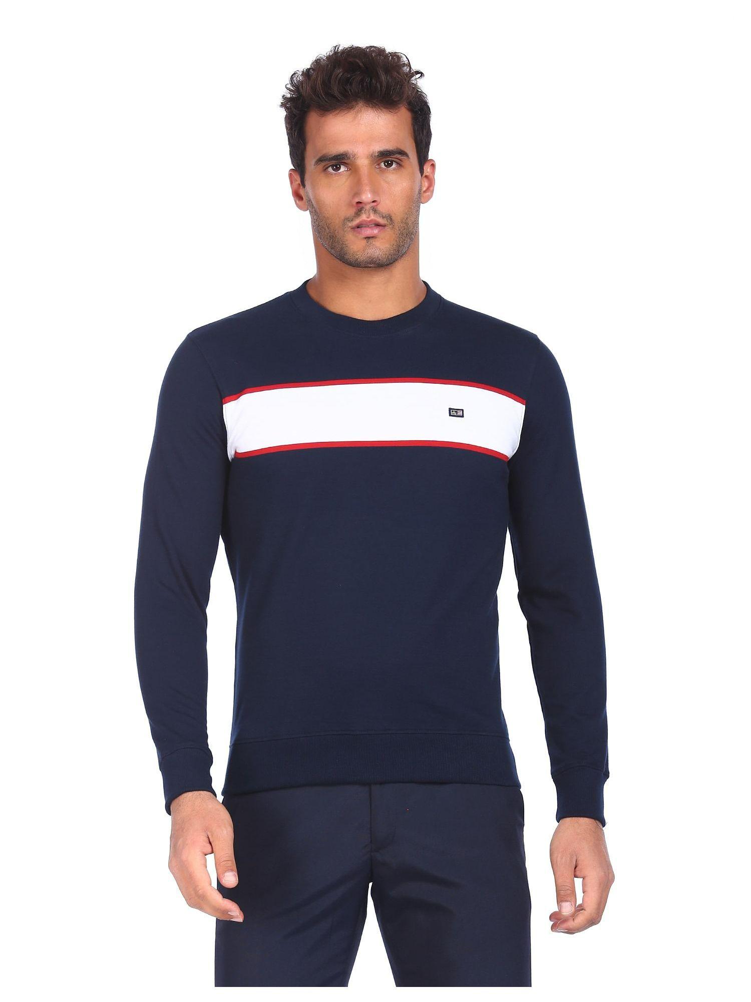 sports men navy crew neck contrast stripe sweatshirt