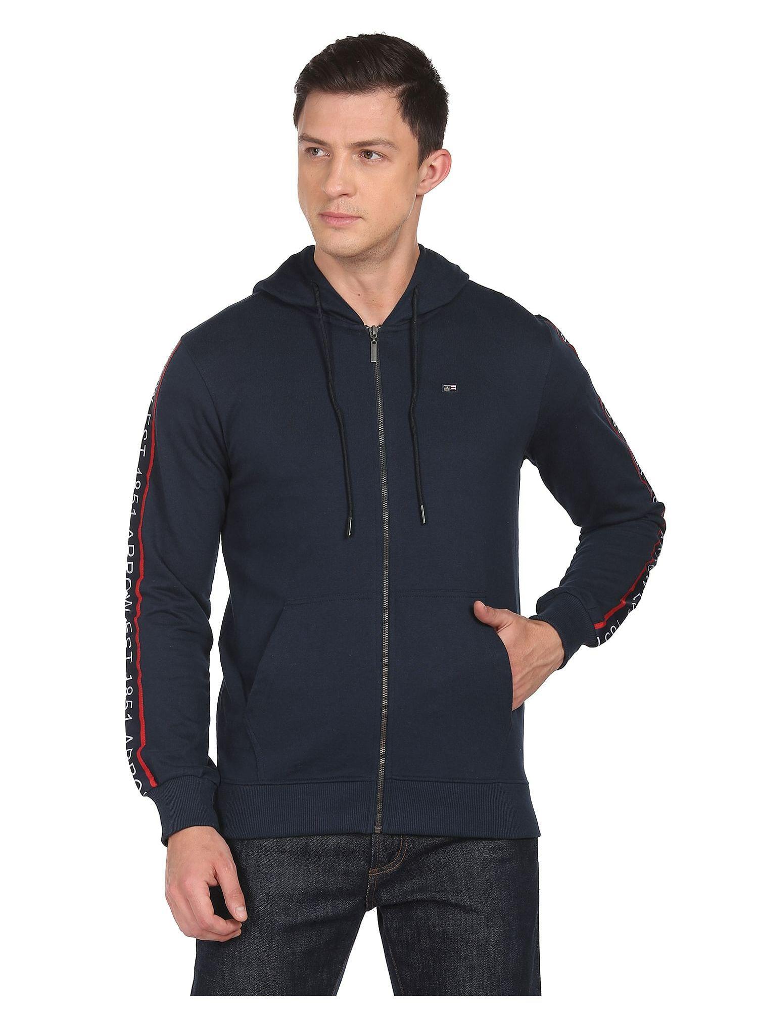 sports men navy hooded full zip up solid sweatshirt