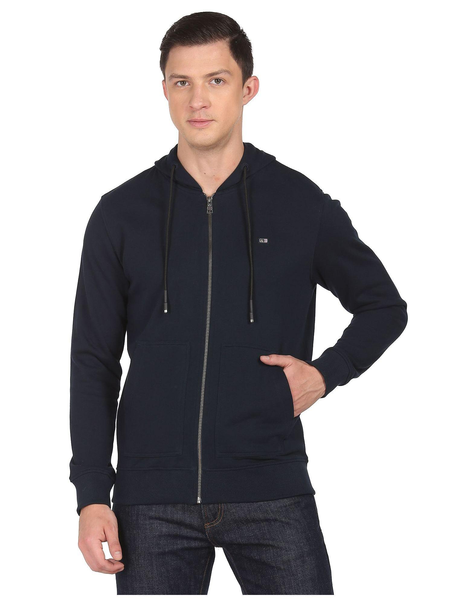 sports men navy hooded full zip up solid sweatshirt