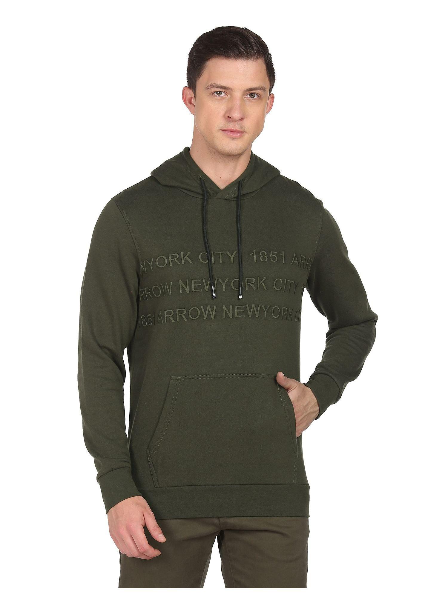 sports men olive hooded embroidered solid sweatshirt