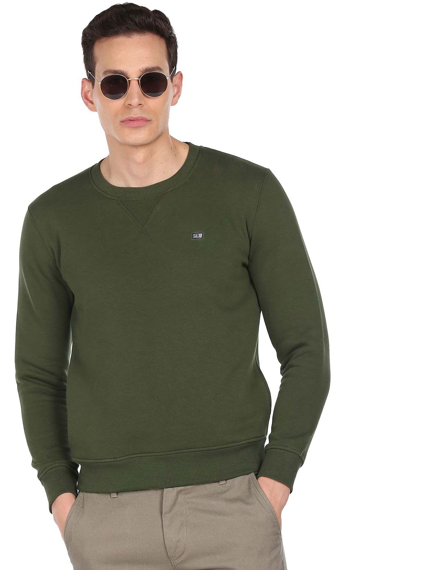 sports men olive solid crew neck sweatshirt