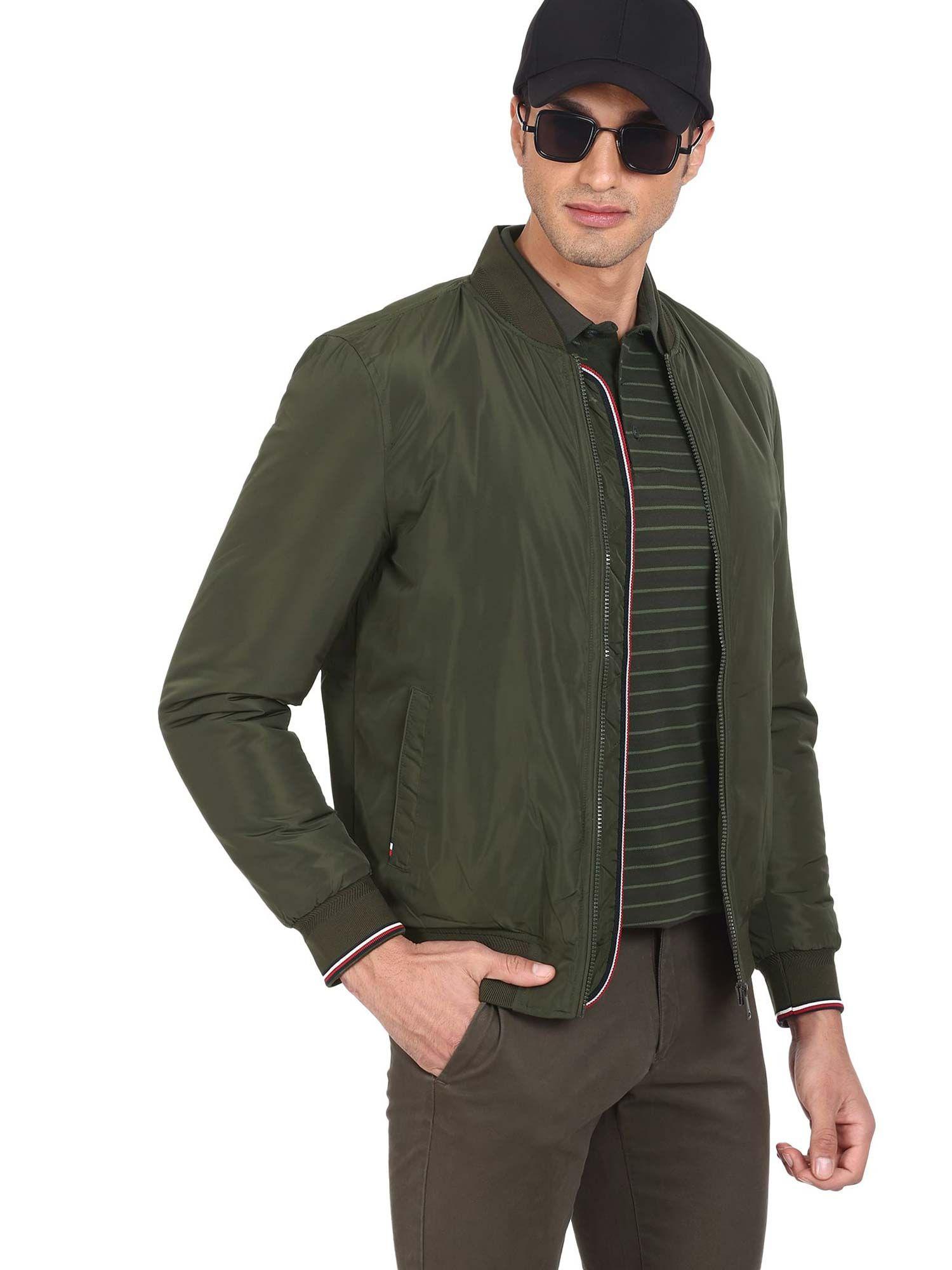 sports men olive stand neck solid jackets