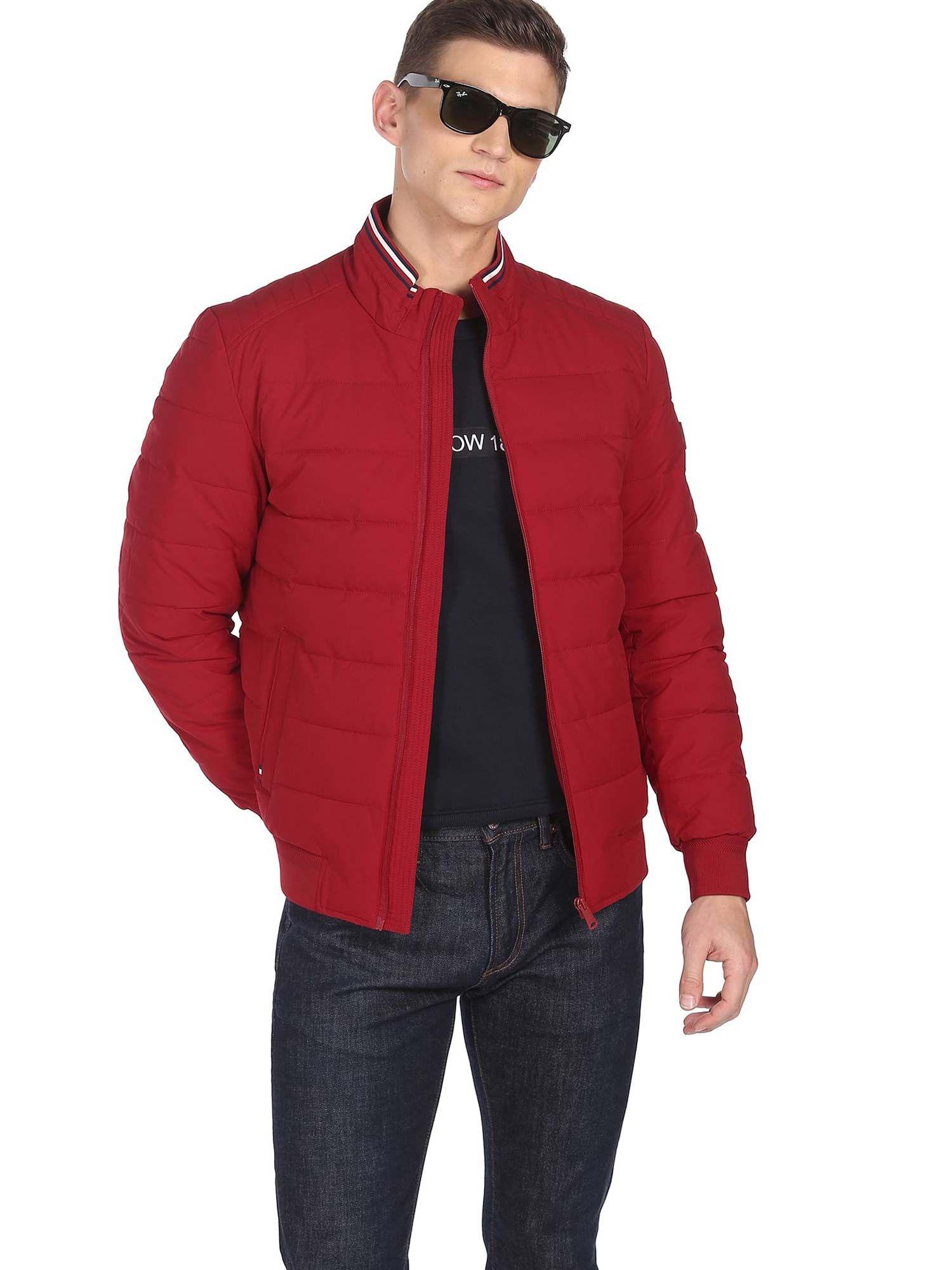 sports men red solid quilted high neck bomber jackets