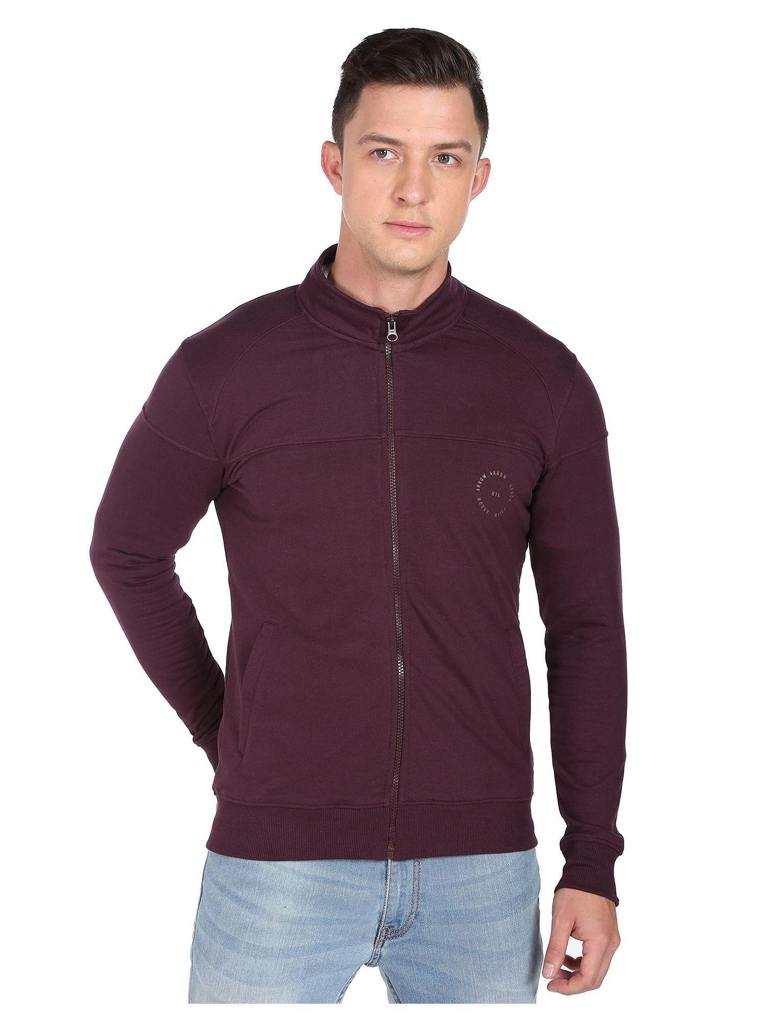 sports men wine high neck zip up solid sweatshirt