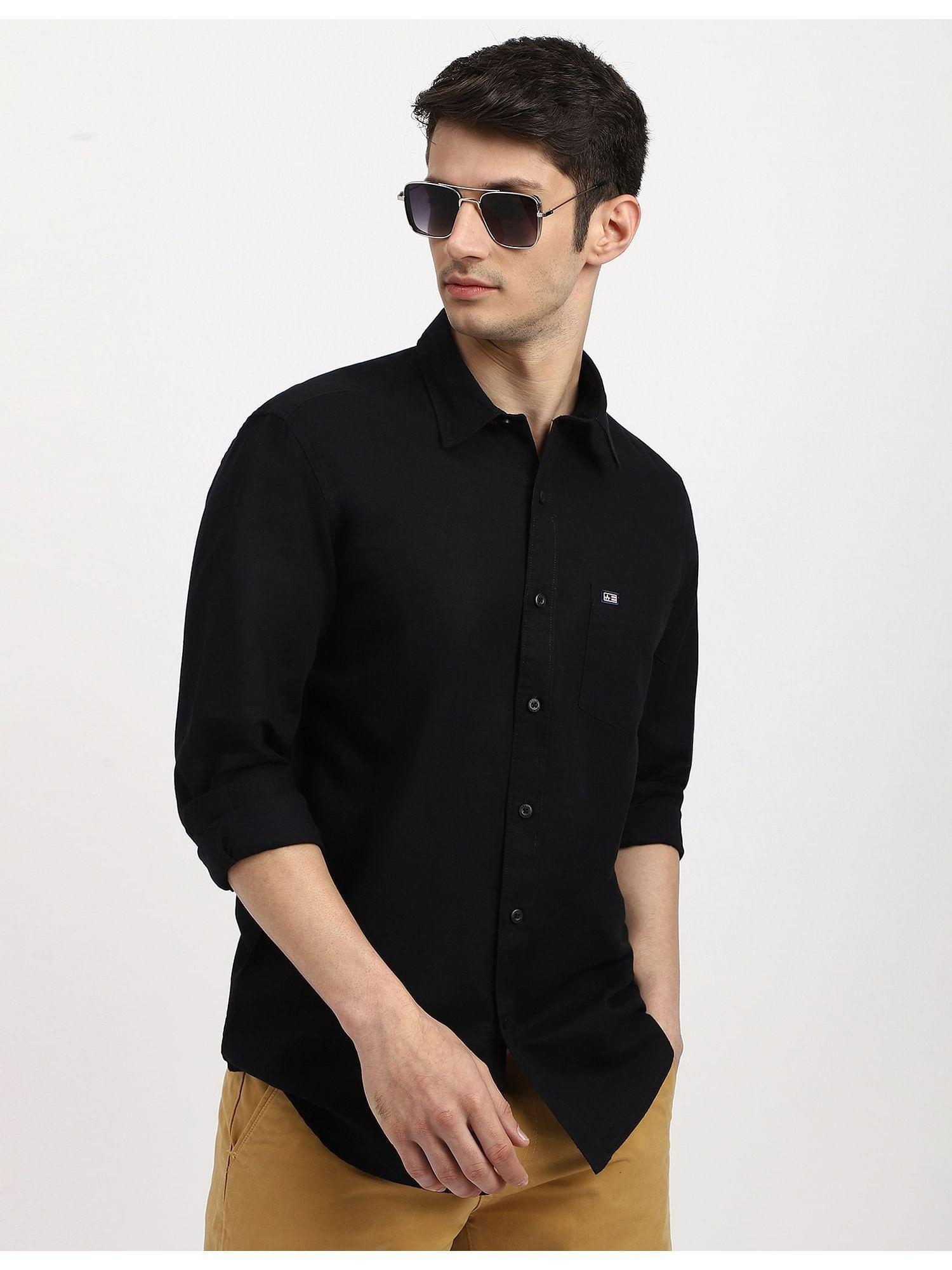 sports pure black cotton slim casual shirt
