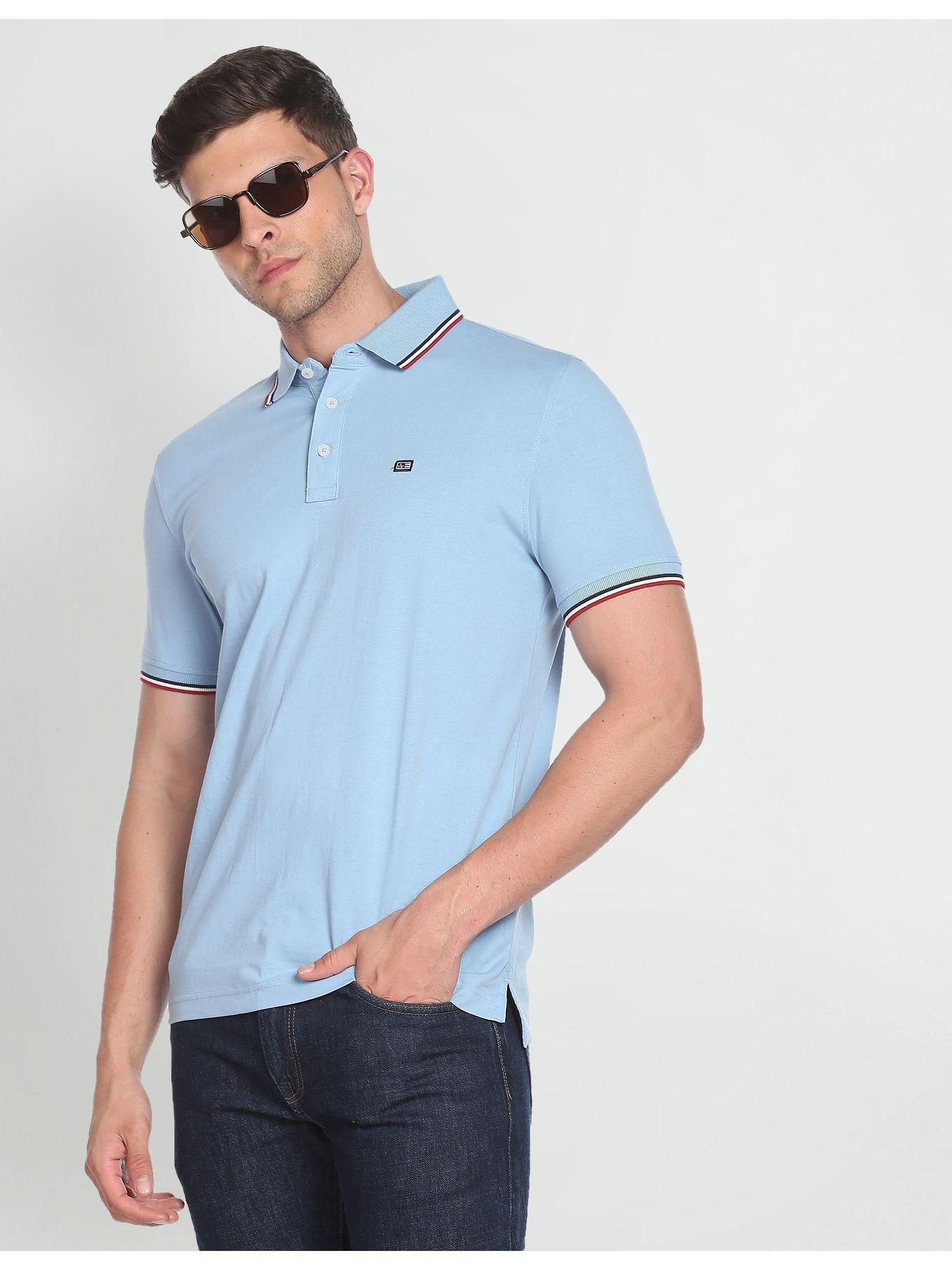 sports striped collar solid polo shirt