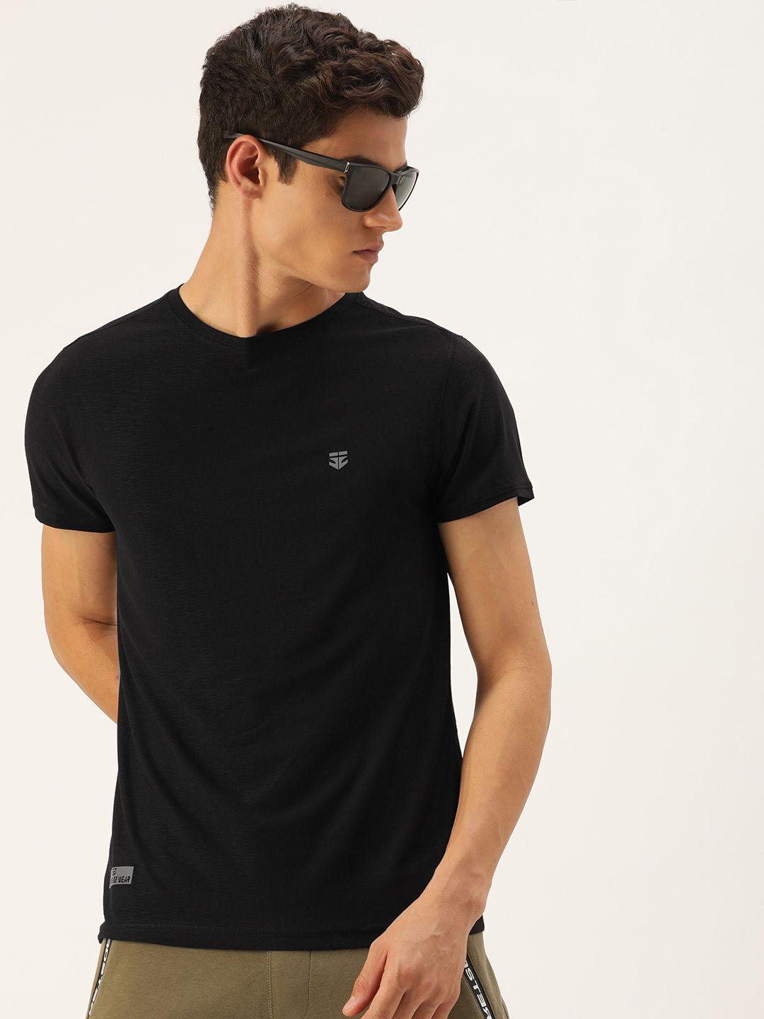 sports52 wear men black solid round neck brand logo applique dry fit training t-shirt