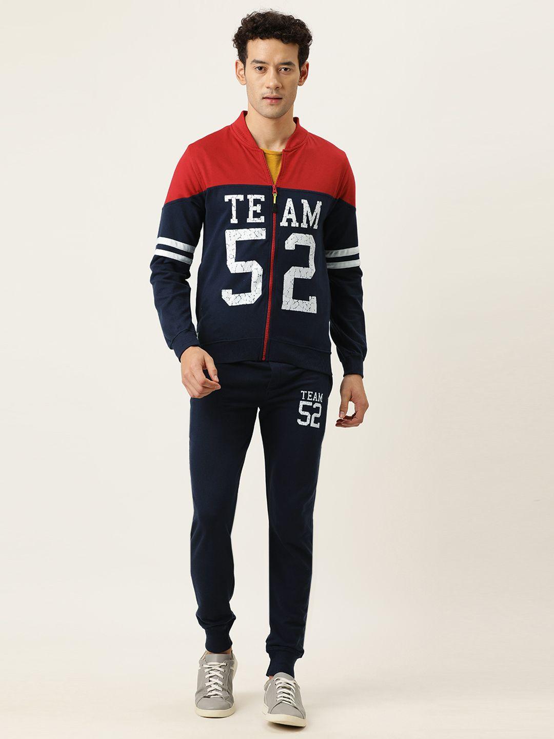 sports52 wear men navy blue & red colourblocked cotton tracksuit with printed detailing