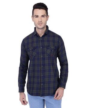 spread collar checked slim-fit shirt