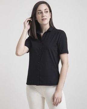 spread collar button-up shirt