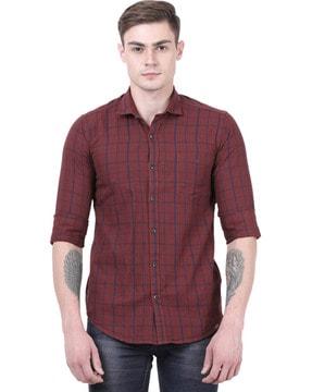 spread-collar checked slim fit shirt