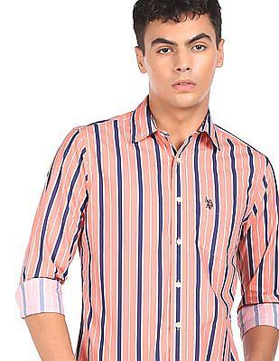spread collar cotton striped casual shirt