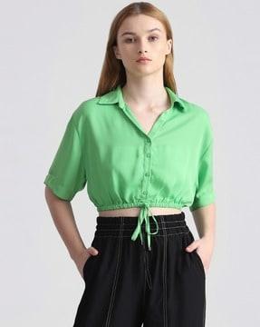 spread-collar crop shirt with waist tie-up