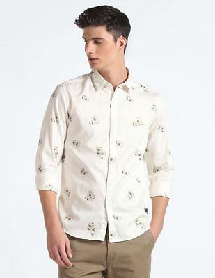 spread collar floral print satin shirt