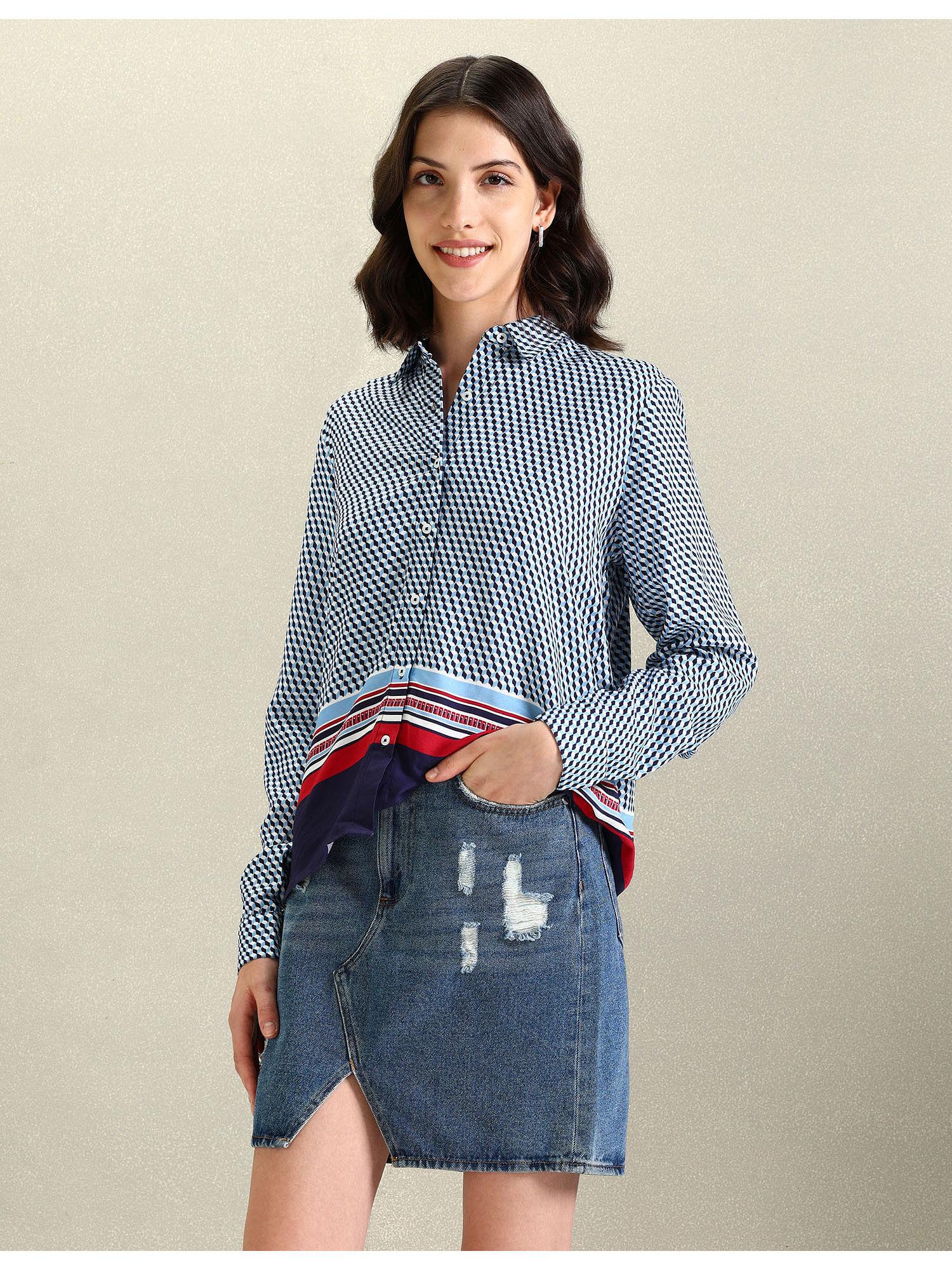 spread collar geometric print blue shirt