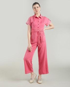 spread-collar jumpsuit with waist tie-up