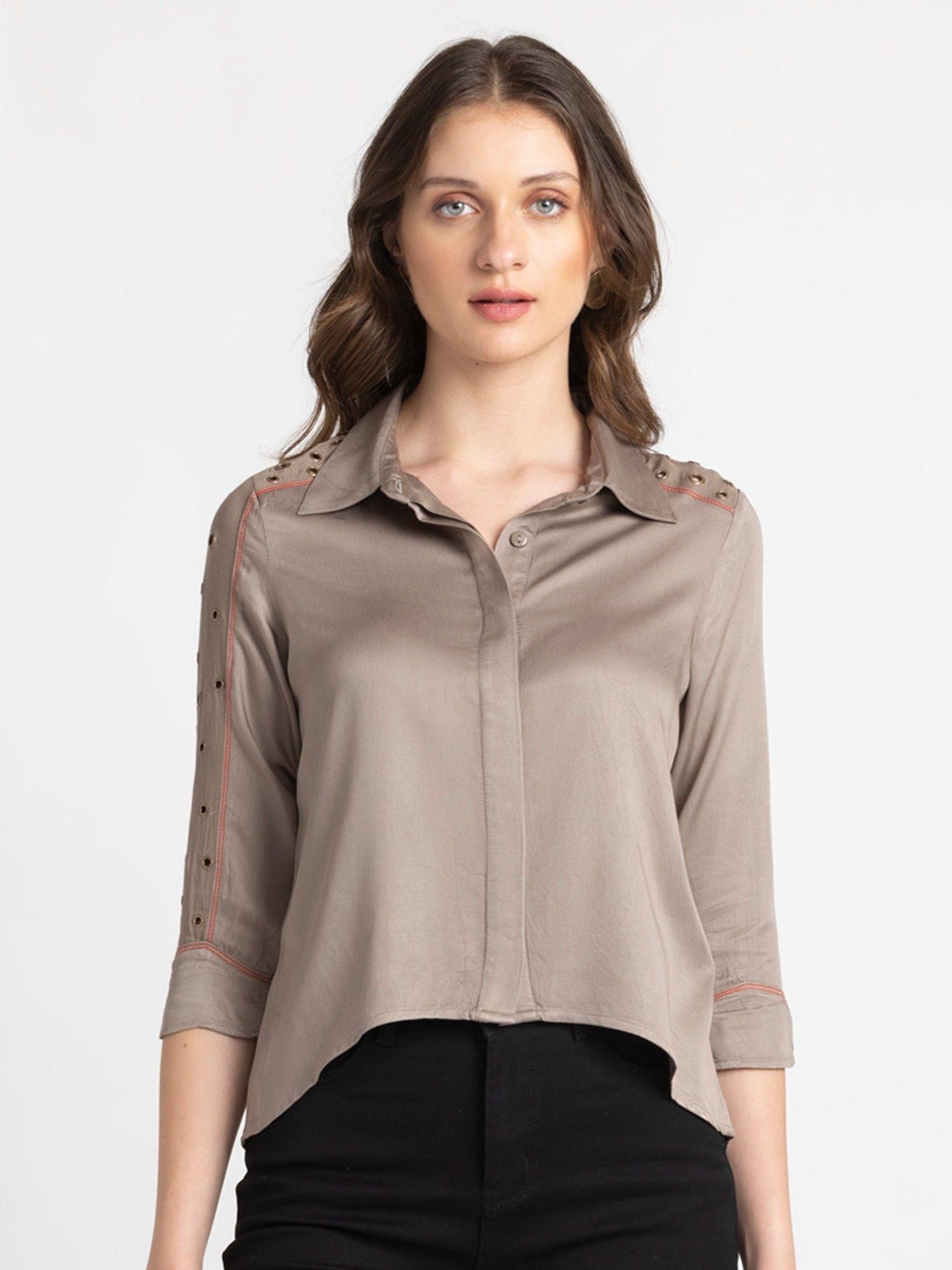 spread collar khaki solid three quarter sleeves casual shirt for women