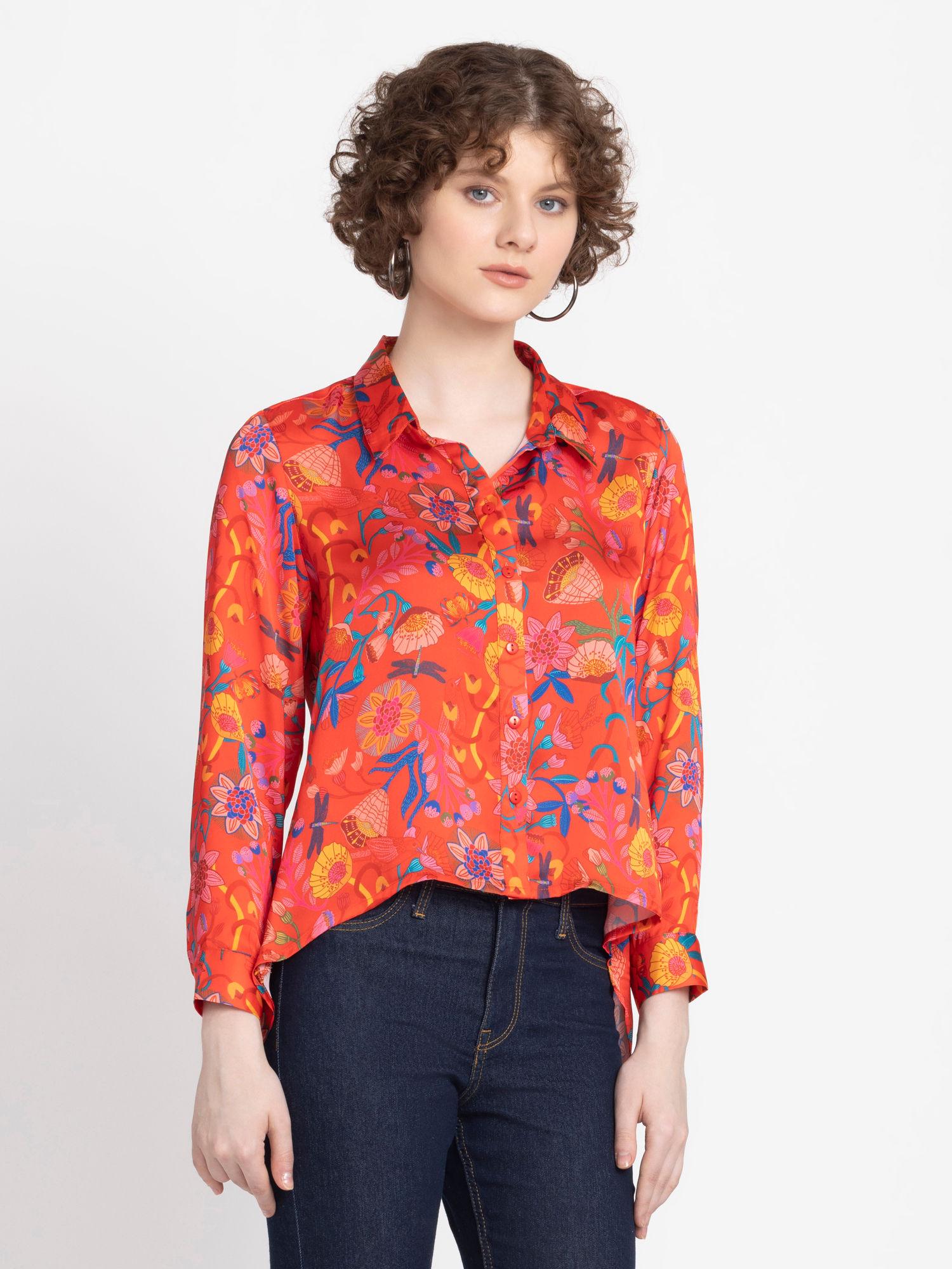 spread collar orange printed long sleeves casual shirt for women