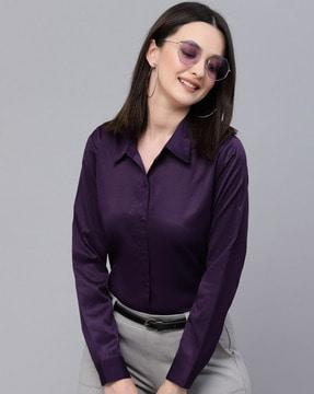 spread collar shirt with cuffed-sleeves