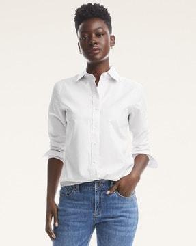 spread collar shirt with curved hem