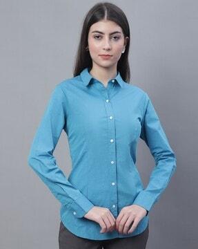 spread collar shirt with curved hemline