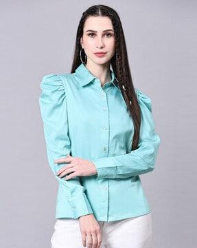 spread-collar shirt with puffed sleeves