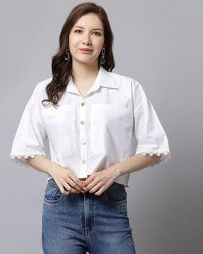 spread-collar top with patch pockets