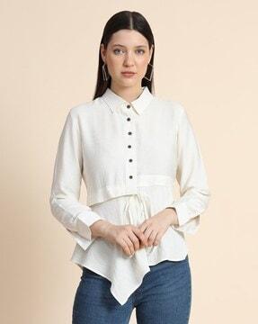 spread collar top with waist tie-up