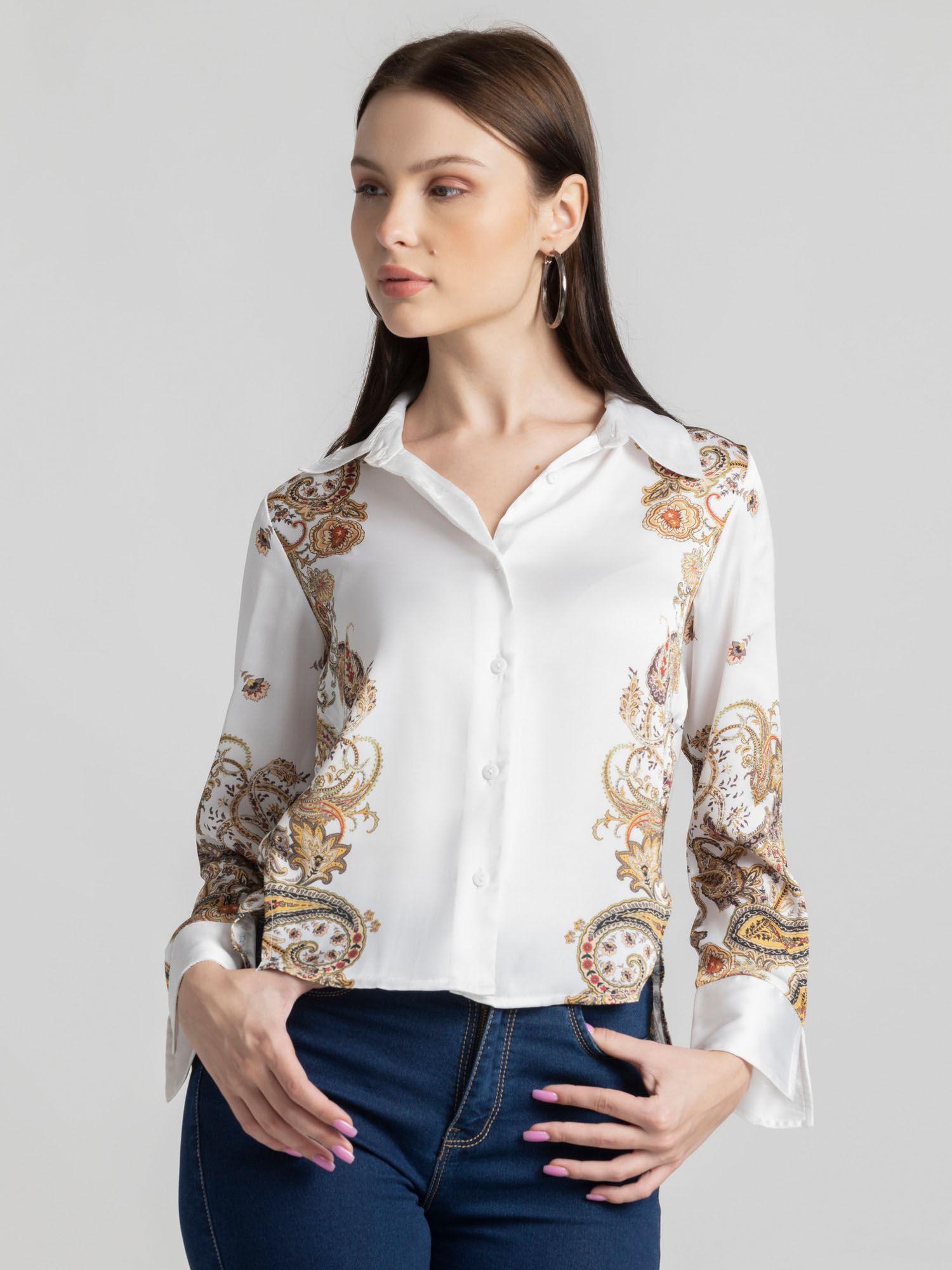 spread collar white printed long sleeves party shirt for women