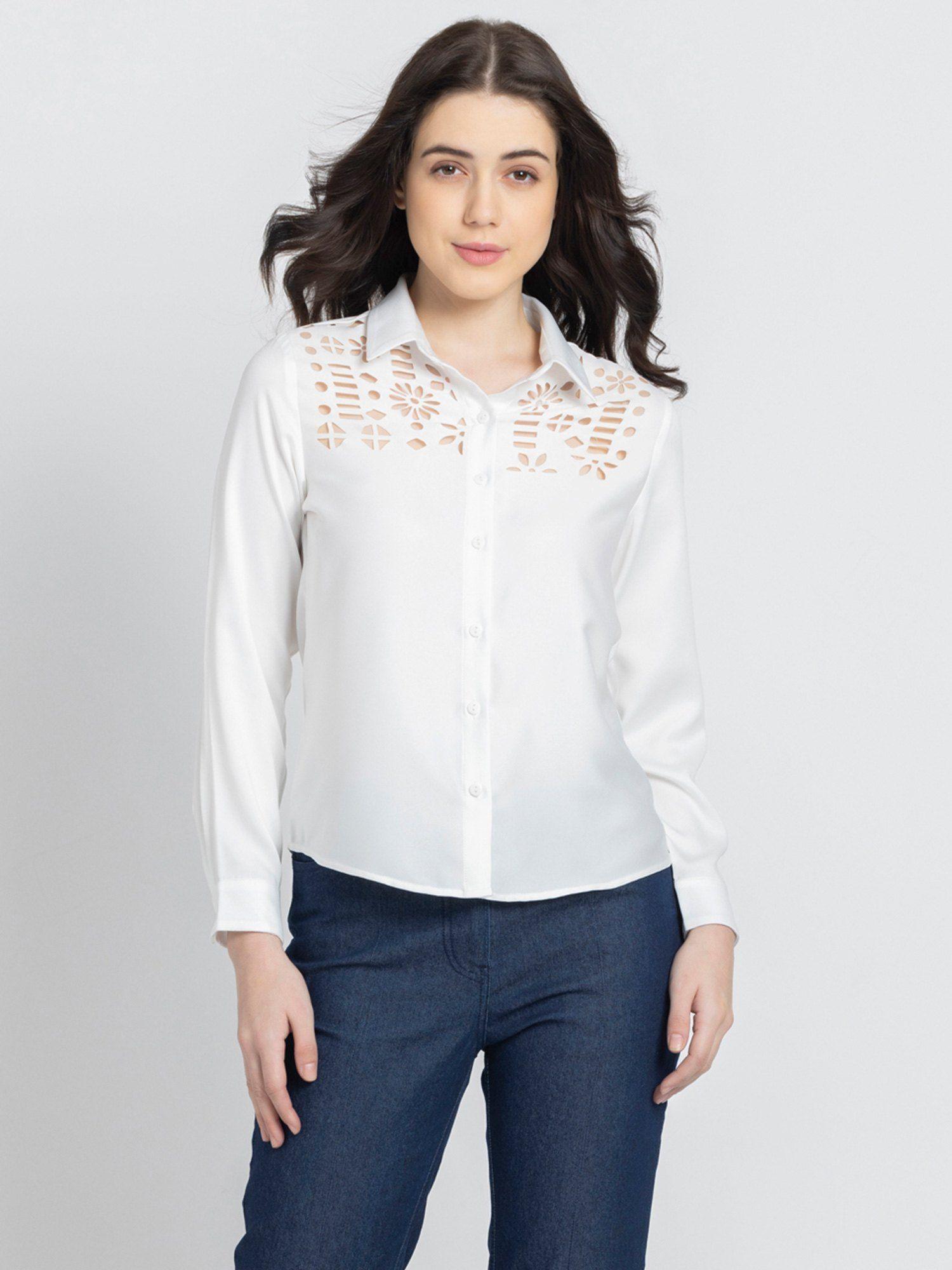 spread collar white solid full sleeves party shirts for women