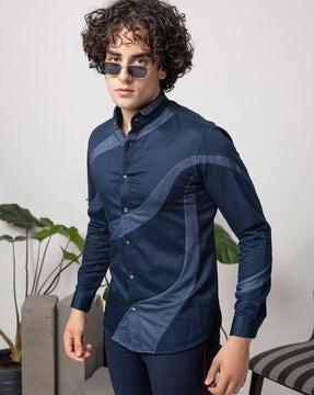 spread collared patch-work slim fit shirt