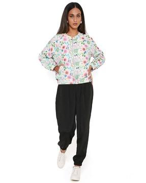 spring garden print art georgette bomber jacket