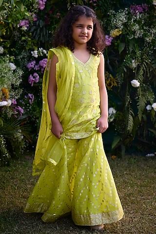 spring green chanderi brocade patch & thread embroidered sharara set for girls