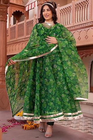 spring green organza printed anarkali set