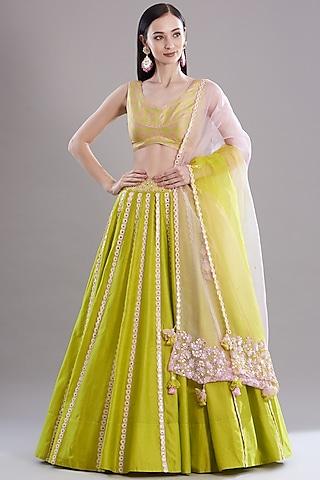 spring green silk chanderi embroidered lehenga set