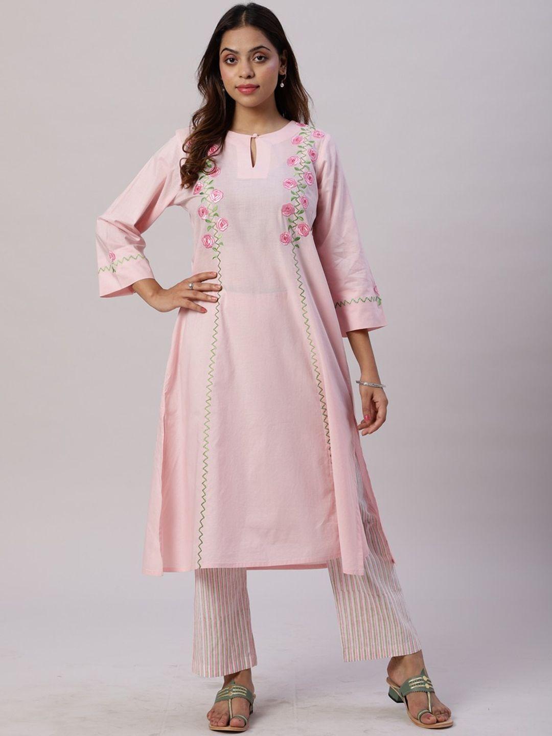 spring soul floral embroidered pure cotton kurta with trousers