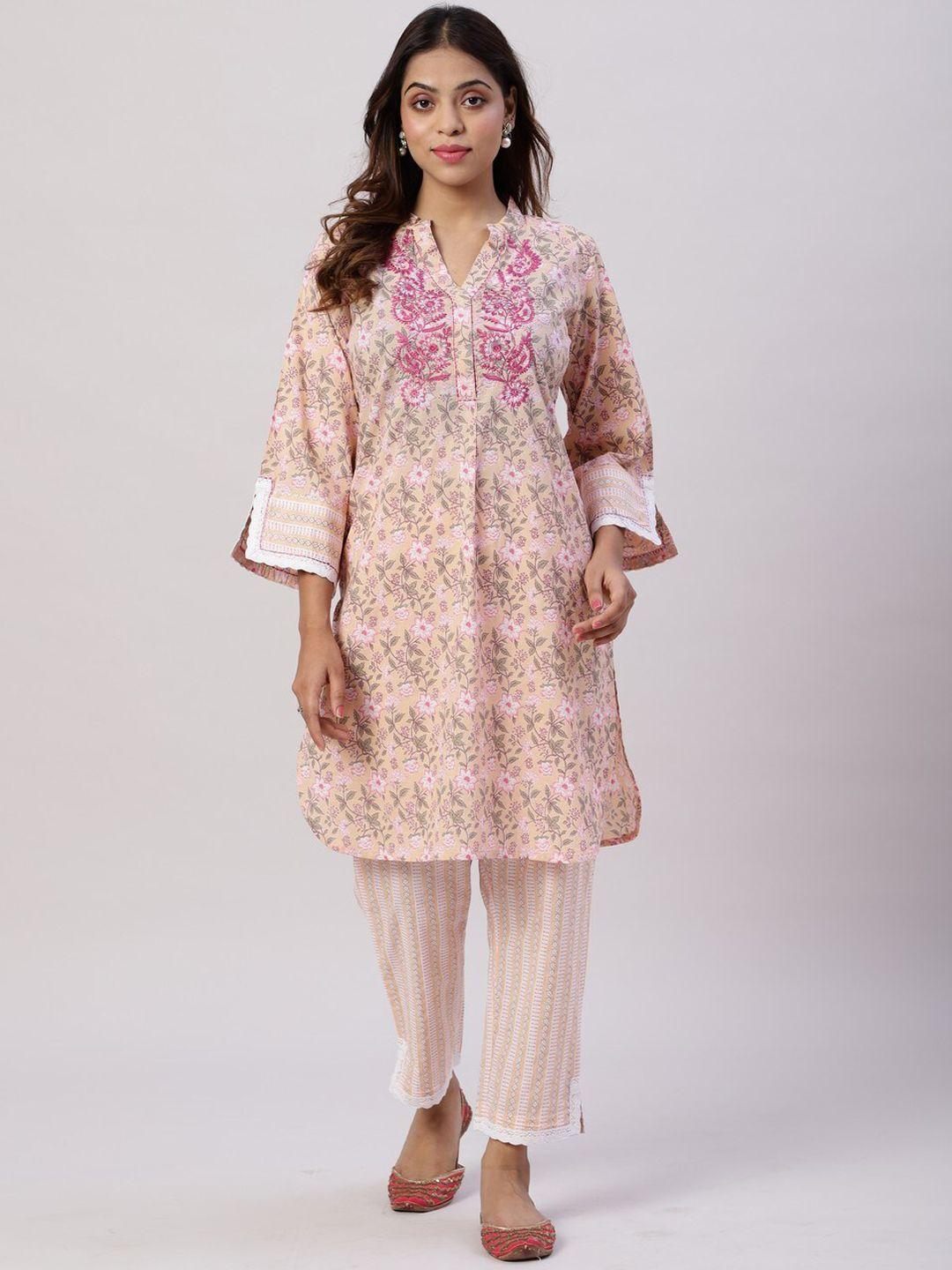 spring soul floral printed mandarin collar pure cotton kurta with trousers