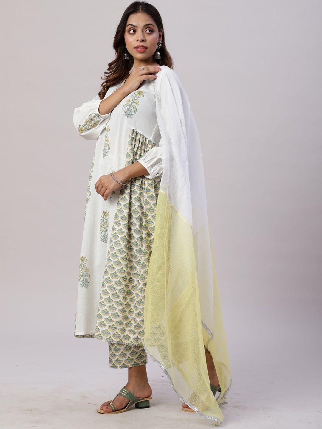 spring soul floral printed regular pure cotton a-line kurta & trousers with dupatta