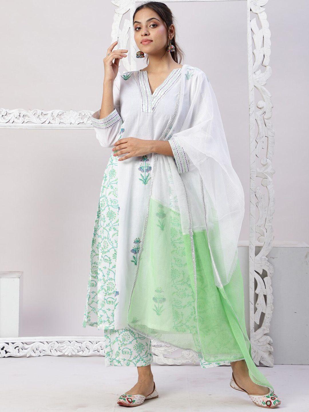 spring soul floral printed regular pure cotton kurta & trousers with dupatta